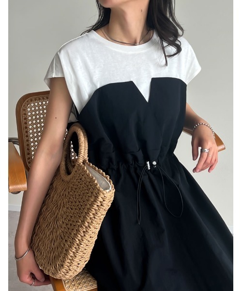 Re:EDIT（リエディ）の「[夏の体型カバーに◎][低身長/高身長サイズ有]フレンチスリーブカットソー切り替えドロストフレアドッキングワンピース（ワンピース・レディース・ホワイト×ブラック/ブラック×ブラック/ブラック系その他・SHORT/MEDIUM/TALL/LARGE）」の13枚目の写真