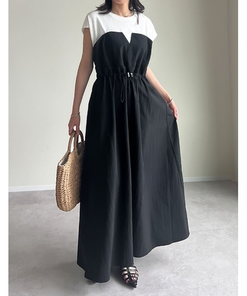 Re:EDIT（リエディ）の「[夏の体型カバーに◎][低身長/高身長サイズ有]フレンチスリーブカットソー切り替えドロストフレアドッキングワンピース（ワンピース・レディース・ホワイト×ブラック/ブラック×ブラック/ブラック系その他・SHORT/MEDIUM/TALL/LARGE）」の12枚目の写真