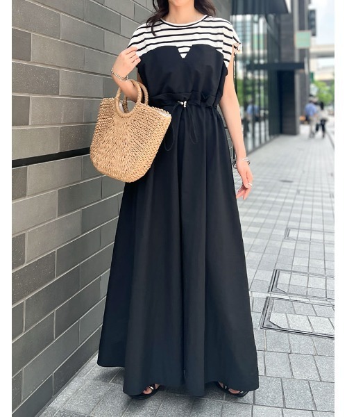 Re:EDIT（リエディ）の「[夏の体型カバーに◎][低身長/高身長サイズ有]フレンチスリーブカットソー切り替えドロストフレアドッキングワンピース（ワンピース・レディース・ホワイト×ブラック/ブラック×ブラック/ブラック系その他・SHORT/MEDIUM/TALL/LARGE）」の4枚目の写真