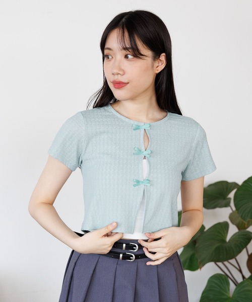 3.3 Field Trip （3.3フィールドトリップ）の「3.3 Field Trip／サテンリボン ショートカーディガン（Tシャツ/カットソー・レディース・ブラック/ホワイト/ブルー・FREE）」の8枚目の写真