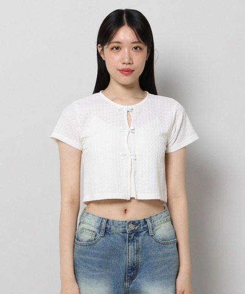 3.3 Field Trip （3.3フィールドトリップ）の「3.3 Field Trip／サテンリボン ショートカーディガン（Tシャツ/カットソー・レディース・ブラック/ホワイト/ブルー・FREE）」の11枚目の写真