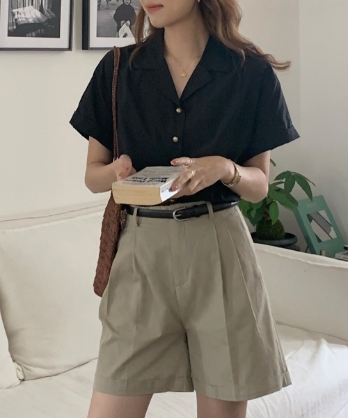 ECLIN（エクラン）の「ゴールドボタン半袖ルーズシャツ（シャツ/ブラウス・レディース・ブラック/ベージュ/グリーン/ホワイト/ピンク・M/L/XL）」の15枚目の写真