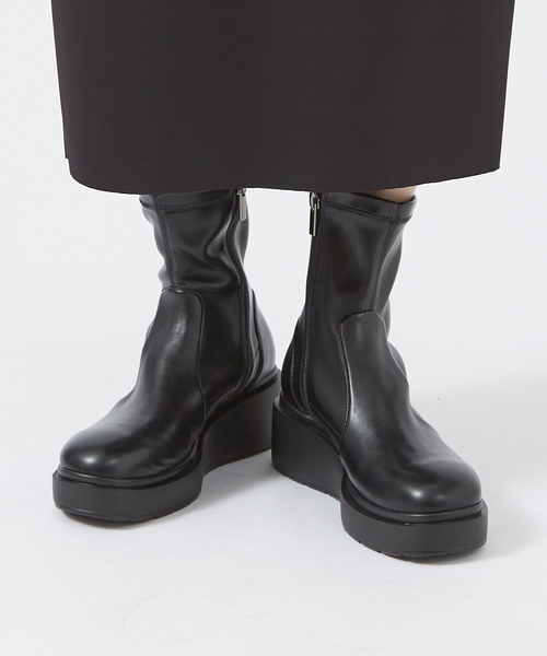Mollini 黒 レザー ストレッチロングブーツ 厚底 Mollini ブーツ レディース サイドジップ MOLLINI モリーニ