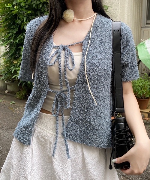 nemne store(ネンネストア)の「【Seoup】ネップヤーン前リボンニットカーディガン(カーディガン/ボレロ・レディース・ライトブルー/ブラウン・フリー)」の6枚目の写真