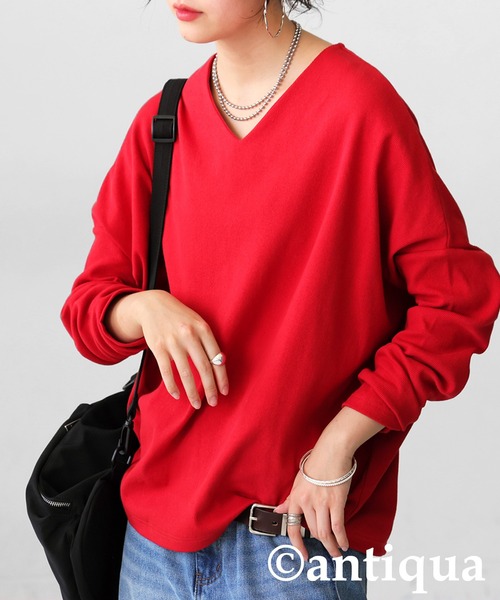 antiqua（アンティカ）の「シュッと美 コクーン リブニット（Tシャツ/カットソー・レディース・ブルー/チャコールグレー/ブラック/アイボリー/グリーン/レッド/杢グレー/グレイッシュベージュ/カーキ・V/B）」の9枚目の写真