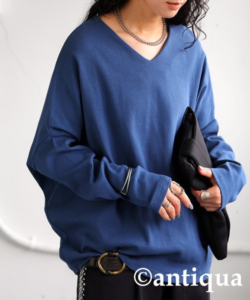 antiqua（アンティカ）の「シュッと美 コクーン リブニット（Tシャツ/カットソー・レディース・ブルー/チャコールグレー/ブラック/アイボリー/グリーン/レッド/杢グレー/グレイッシュベージュ/カーキ・V/B）」の8枚目の写真