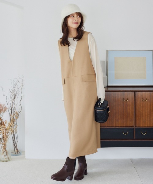 mysty woman（ミスティウーマン）の「深Ｖジャンスカ  148922（ジャンパースカート・レディース・ベージュ/ブラック/グレー・FREE）」の5枚目の写真