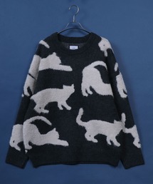 ANPAS | Allover Pattern Big Cat Knit/総柄 ネコ アニマル ニット オーバーサイズ(ニット/セーター)