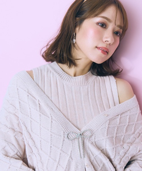 大きいサイズ＞ ケーブル編みラメモールニットカーディガン marun