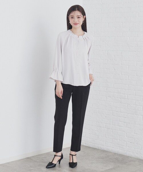 セール】タックネックパール調ブラウス【洗濯機洗い可/ストレッチ