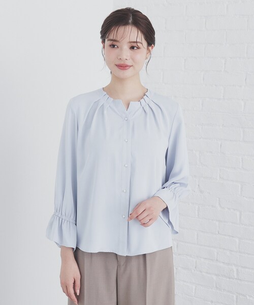 セール】タックネックパール調ブラウス【洗濯機洗い可/ストレッチ