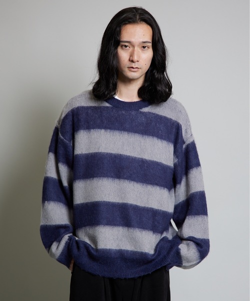 MandO(Auntie Rosa)(エムオー)の「【MandO】ウール混配色シャギーボーダーニット(ニット/セーター・メンズ・ブラック/ネイビー・MEDIUM/LARGE)」の2枚目の写真