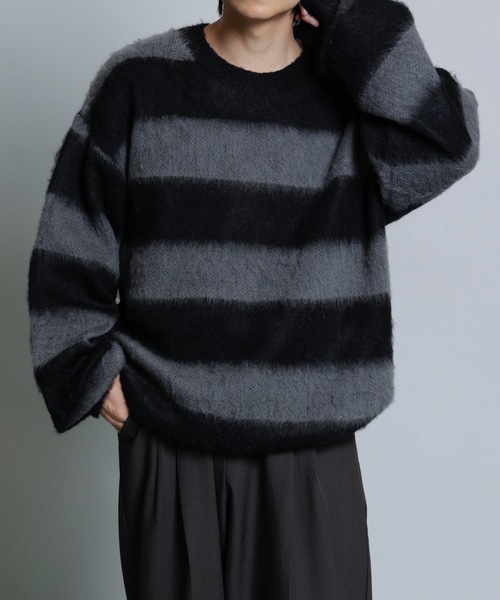 MandO(Auntie Rosa)(エムオー)の「【MandO】ウール混配色シャギーボーダーニット(ニット/セーター・メンズ・ブラック/ネイビー・MEDIUM/LARGE)」の1枚目の写真