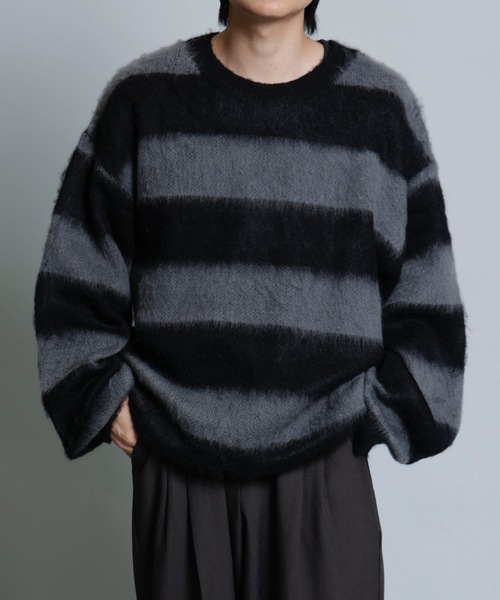MandO(Auntie Rosa)(エムオー)の「【MandO】ウール混配色シャギーボーダーニット(ニット/セーター・メンズ・ブラック/ネイビー・MEDIUM/LARGE)」の3枚目の写真