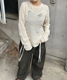 フープ付き透かしダメージラメニット