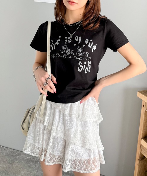 mily bilet(ミウィビレット)の「【mily bilet】大人の上品グラフティ。ハンドペイントライクシルバープリントコンパクトTシャツ(Tシャツ/カットソー・レディース・アイボリー/ブラック/チョコ・X-LARGE/SMALL/MEDIUM/LARGE)」の20枚目の写真