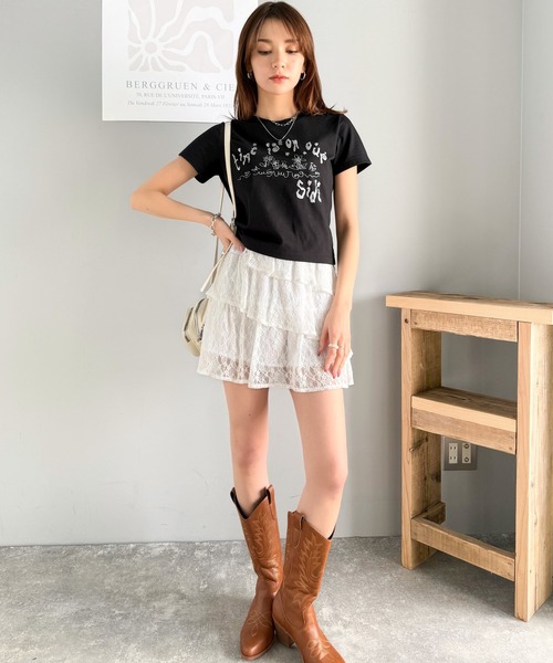 mily bilet(ミウィビレット)の「【mily bilet】大人の上品グラフティ。ハンドペイントライクシルバープリントコンパクトTシャツ(Tシャツ/カットソー・レディース・アイボリー/ブラック/チョコ・X-LARGE/SMALL/MEDIUM/LARGE)」の21枚目の写真