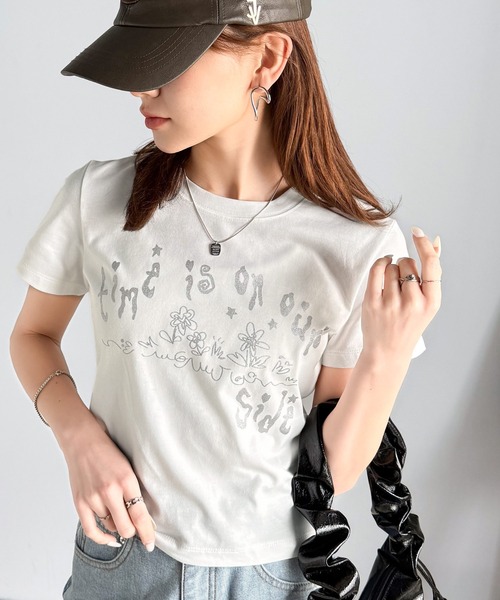 mily bilet(ミウィビレット)の「【mily bilet】大人の上品グラフティ。ハンドペイントライクシルバープリントコンパクトTシャツ(Tシャツ/カットソー・レディース・アイボリー/ブラック/チョコ・X-LARGE/SMALL/MEDIUM/LARGE)」の12枚目の写真