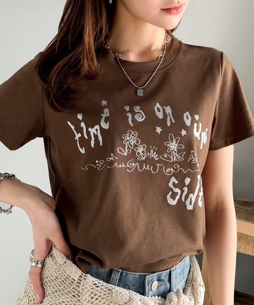 mily bilet(ミウィビレット)の「【mily bilet】大人の上品グラフティ。ハンドペイントライクシルバープリントコンパクトTシャツ(Tシャツ/カットソー・レディース・アイボリー/ブラック/チョコ・X-LARGE/SMALL/MEDIUM/LARGE)」の5枚目の写真