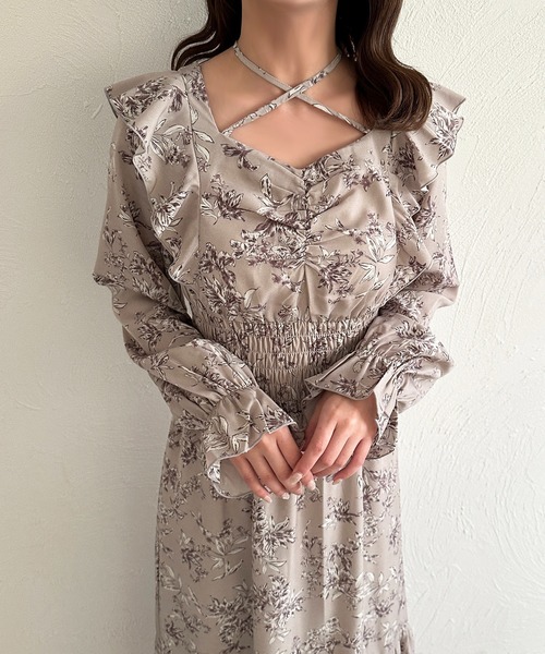 【新品タグ付】花柄フリル袖ワンピース Sサイズ 定価3万円以上 セール】花柄フリルクロスワンピース【ZOZOTOWN限定アイテム