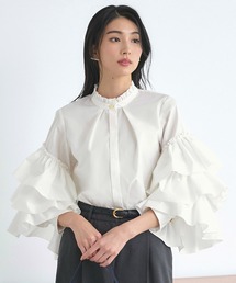 RUIRUE BOUTIQUE | 洗える ｜ トリプル フリルスリーブ ブラウス ｜ レディース 体型カバー 長袖 オフィスカジュアル きれいめ 上品 無地 華やか トップス シャツ(シャツ/ブラウス)