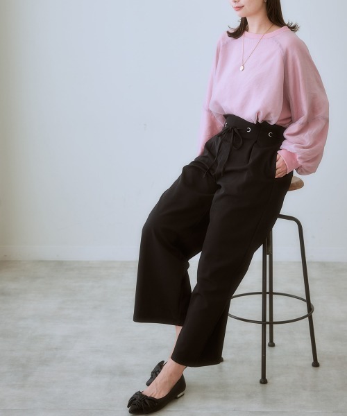 SMILE LAND（スマイルランド）の「＜大きいサイズ＞ やわらか素材リボンデザインストレートパンツ（９分丈）（セットアップ対応）（スラックス・レディース・ブラック/ライトベージュ・4L/LL/3L/5L/L）」の5枚目の写真