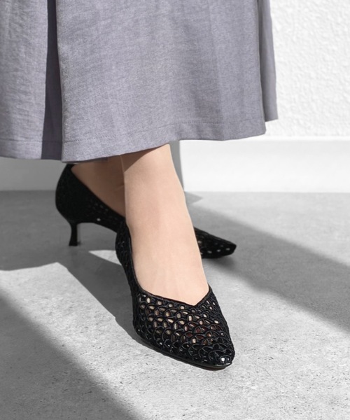 【LETALAON】ルタロン　メッシュパンプス　太ヒール　ポインテッドトゥ　黒 メッシュ パンプス ヒール LETALAON ルタロン メッシュパンプス 太