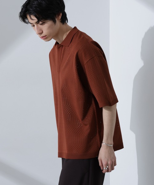 NANO universe（ナノユニバース）の「スキッパーテックニットポロシャツ/半袖（ポロシャツ・メンズ・ブラウン/グレー系その他4/スミクロ・M/L）」の13枚目の写真