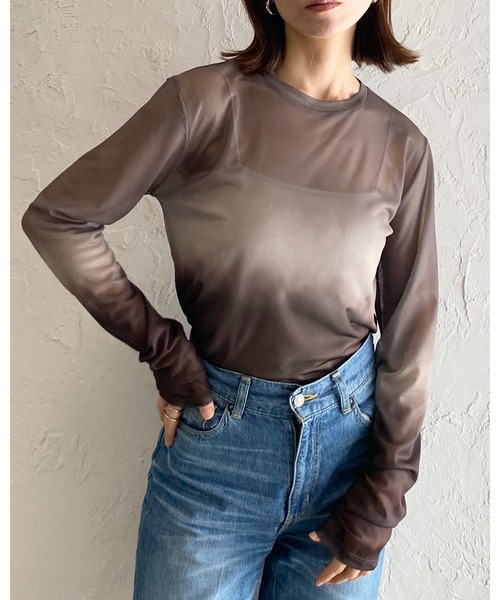 セール】グラデーションクルーネック長袖シースルー/シアー