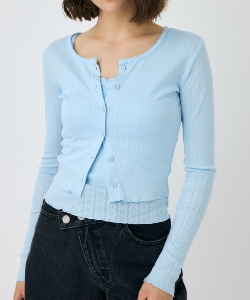 MOUSSY（マウジー）の「EYELET U-NECK カーディガン & キャミソール 春服（カーディガン/ボレロ・レディース・ライトブルー/ホワイト/チャコールグレー・FREE）」の3枚目の写真