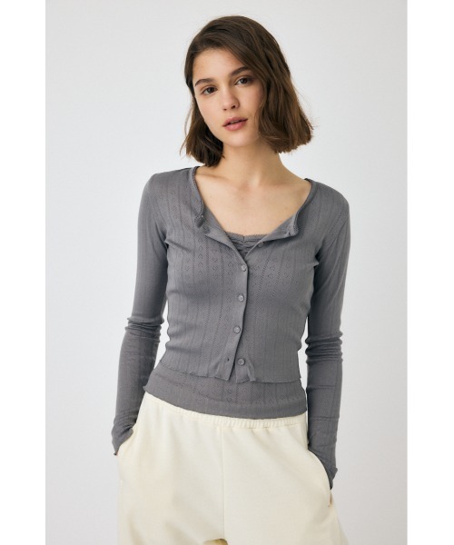 MOUSSY（マウジー）の「EYELET U-NECK カーディガン & キャミソール 春服（カーディガン/ボレロ・レディース・ライトブルー/ホワイト/チャコールグレー・FREE）」の8枚目の写真
