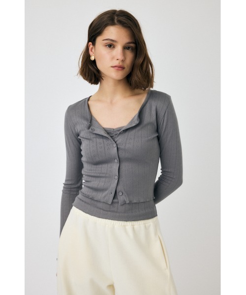 MOUSSY（マウジー）の「EYELET U-NECK カーディガン & キャミソール 春服（カーディガン/ボレロ・レディース・ライトブルー/ホワイト/チャコールグレー・FREE）」の9枚目の写真