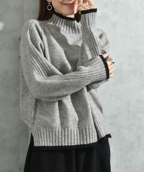 INTERPLANET（インタープラネット）の「７Ｇ天竺＊袖山リブ配色ハイネックプルオーバー（ニット/セーター・レディース・グリーン/ブルー/チャコールグレー/グレー/オレンジ・FREE）」の2枚目の写真