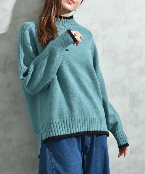 INTERPLANET（インタープラネット）の「７Ｇ天竺＊袖山リブ配色ハイネックプルオーバー（ニット/セーター・レディース・グリーン/ブルー/チャコールグレー/グレー/オレンジ・FREE）」の3枚目の写真