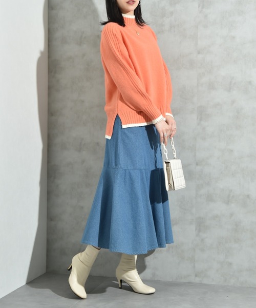 INTERPLANET（インタープラネット）の「７Ｇ天竺＊袖山リブ配色ハイネックプルオーバー（ニット/セーター・レディース・グリーン/ブルー/チャコールグレー/グレー/オレンジ・FREE）」の12枚目の写真