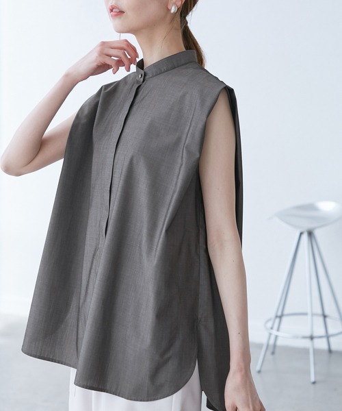 ROPE' PICNIC（ロペピクニック）の「【UVカット・接触冷感・イージーケア】バンドカラーノースリーブシャツ/通勤対応（シャツ/ブラウス・レディース・サックスブルー/チャコールグレー/オフホワイト/ネイビー・38）」の3枚目の写真