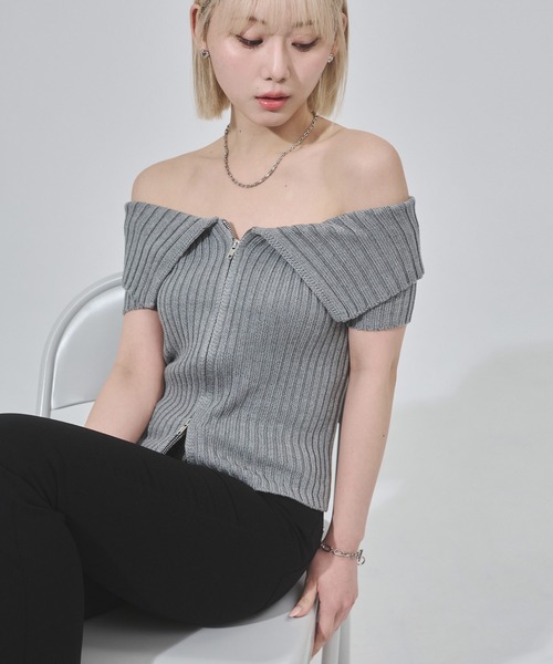 ENVYM（アンビー）の「センタージップオフショルニット（Tシャツ/カットソー・レディース・ブラック/ホワイト/グレー・FREE）」の3枚目の写真