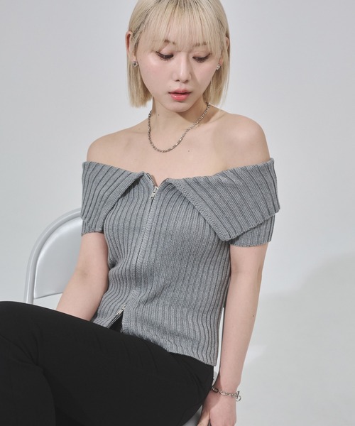 ENVYM（アンビー）の「センタージップオフショルニット（Tシャツ/カットソー・レディース・ブラック/ホワイト/グレー・FREE）」の12枚目の写真