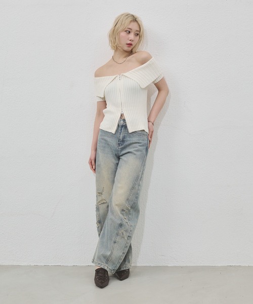 ENVYM（アンビー）の「センタージップオフショルニット（Tシャツ/カットソー・レディース・ブラック/ホワイト/グレー・FREE）」の19枚目の写真