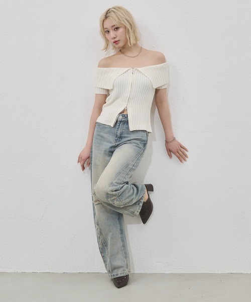 ENVYM（アンビー）の「センタージップオフショルニット（Tシャツ/カットソー・レディース・ブラック/ホワイト/グレー・FREE）」の20枚目の写真