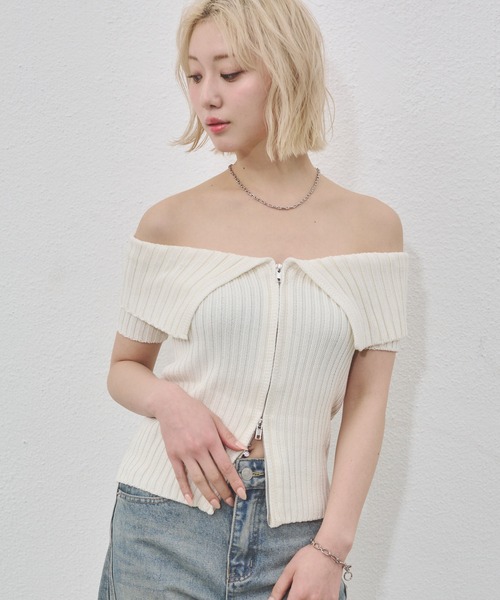 ENVYM（アンビー）の「センタージップオフショルニット（Tシャツ/カットソー・レディース・ブラック/ホワイト/グレー・FREE）」の7枚目の写真