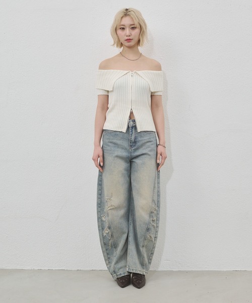 ENVYM（アンビー）の「センタージップオフショルニット（Tシャツ/カットソー・レディース・ブラック/ホワイト/グレー・FREE）」の21枚目の写真