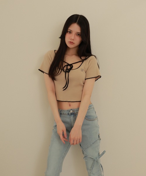 M DOLLY(エムドリー)の「*M DOLLY original* logo ribbon tops/ロゴリボントップス(Tシャツ/カットソー・レディース・ブラック/ベージュ・FREE)」の8枚目の写真