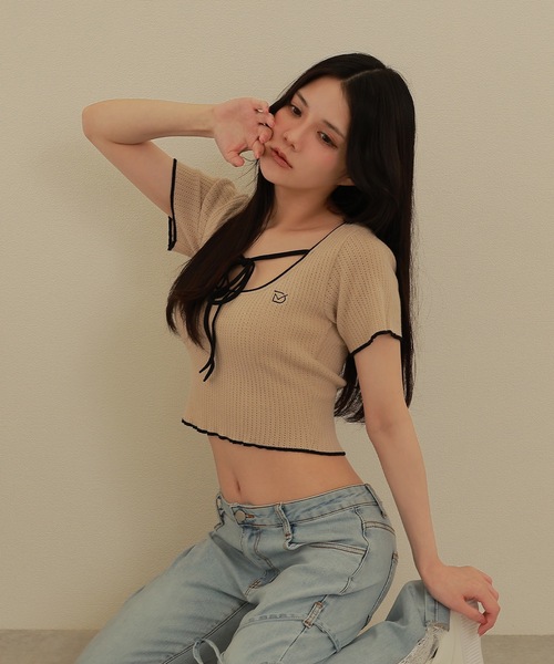M DOLLY(エムドリー)の「*M DOLLY original* logo ribbon tops/ロゴリボントップス(Tシャツ/カットソー・レディース・ブラック/ベージュ・FREE)」の9枚目の写真