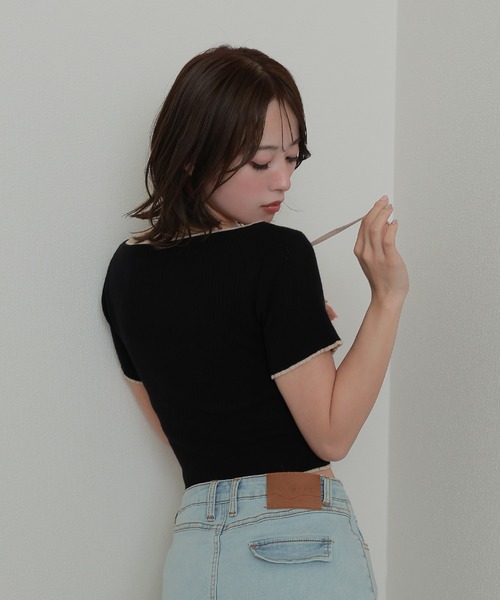 M DOLLY(エムドリー)の「*M DOLLY original* logo ribbon tops/ロゴリボントップス(Tシャツ/カットソー・レディース・ブラック/ベージュ・FREE)」の3枚目の写真