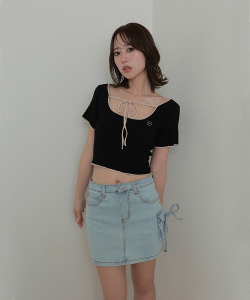 M DOLLY(エムドリー)の「*M DOLLY original* logo ribbon tops/ロゴリボントップス(Tシャツ/カットソー・レディース・ブラック/ベージュ・FREE)」の4枚目の写真