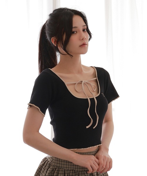 M DOLLY(エムドリー)の「*M DOLLY original* logo ribbon tops/ロゴリボントップス(Tシャツ/カットソー・レディース・ブラック/ベージュ・FREE)」の5枚目の写真