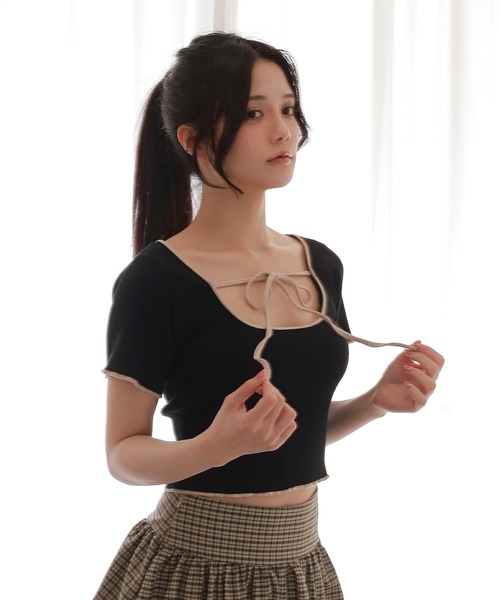 M DOLLY(エムドリー)の「*M DOLLY original* logo ribbon tops/ロゴリボントップス(Tシャツ/カットソー・レディース・ブラック/ベージュ・FREE)」の6枚目の写真