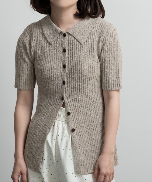 lawgy(ラウジー)の「boucle rib collar polo cardigan / ブークレリブカラーポロカーディガン(カーディガン/ボレロ・レディース・ブラック/グリーン/ベージュ・FREE)」の3枚目の写真