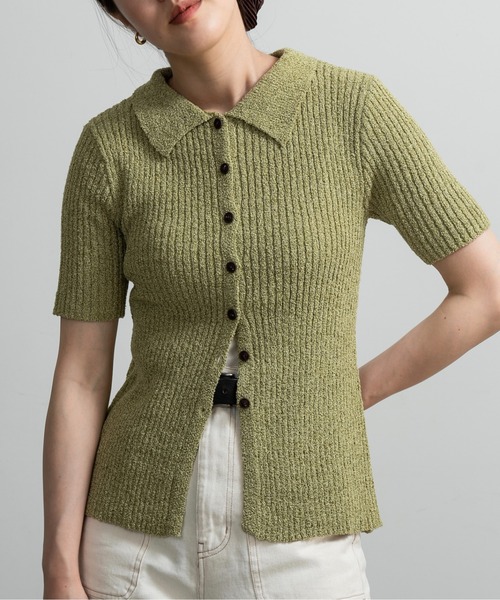 lawgy(ラウジー)の「boucle rib collar polo cardigan / ブークレリブカラーポロカーディガン(カーディガン/ボレロ・レディース・ブラック/グリーン/ベージュ・FREE)」の1枚目の写真